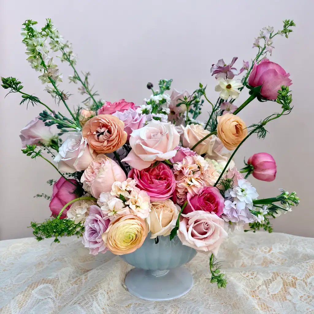 Bouquet of soft pink, white, and peach roses in a light blue ceramic vase