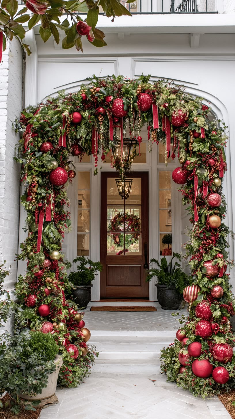 Cedar garland with green velvet bows across a brick porch
