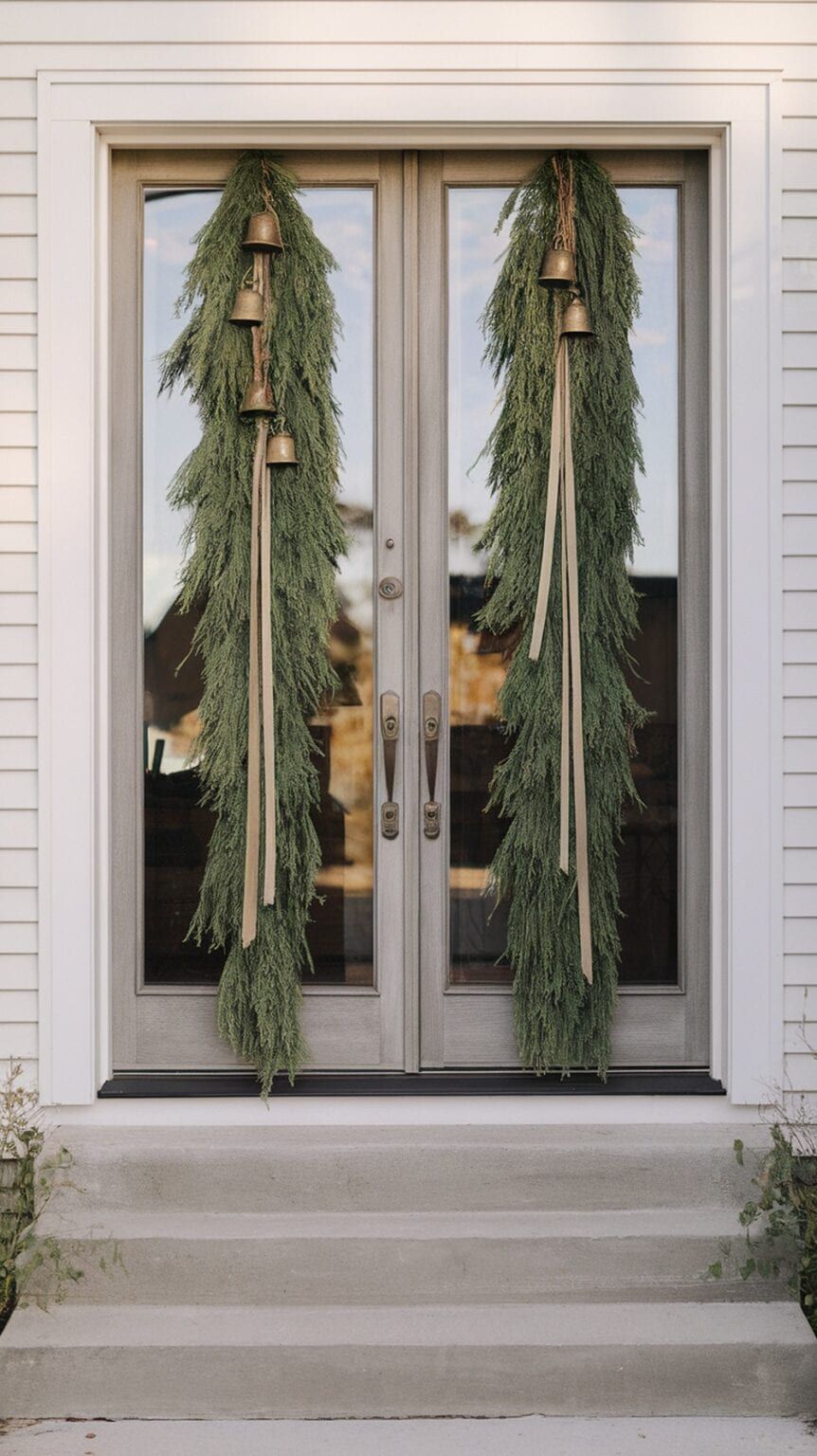 Double doors with cascading cedar swags and brass bells