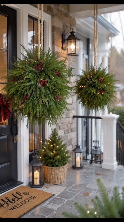Hanging cedar kissing balls with lanterns on a holiday porch