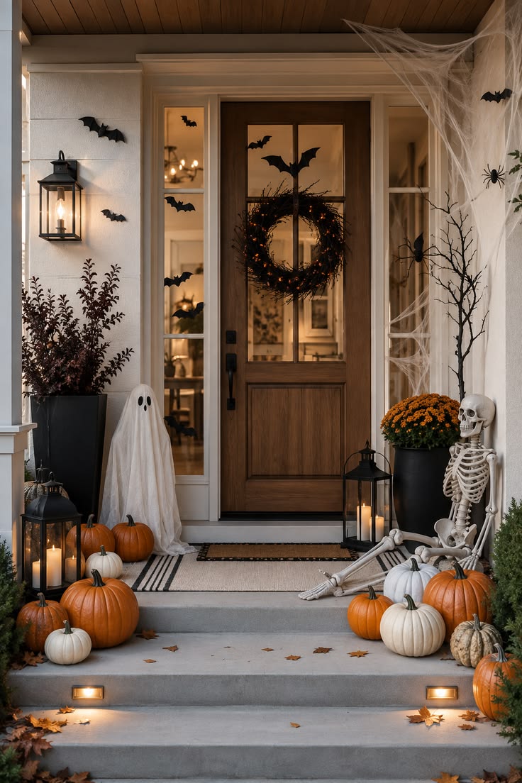 Halloween porch with ghosts, bats, skeleton and pumpkins