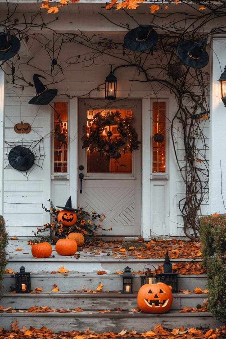 Witch hats and jack-o-lanterns on a white cottage porch