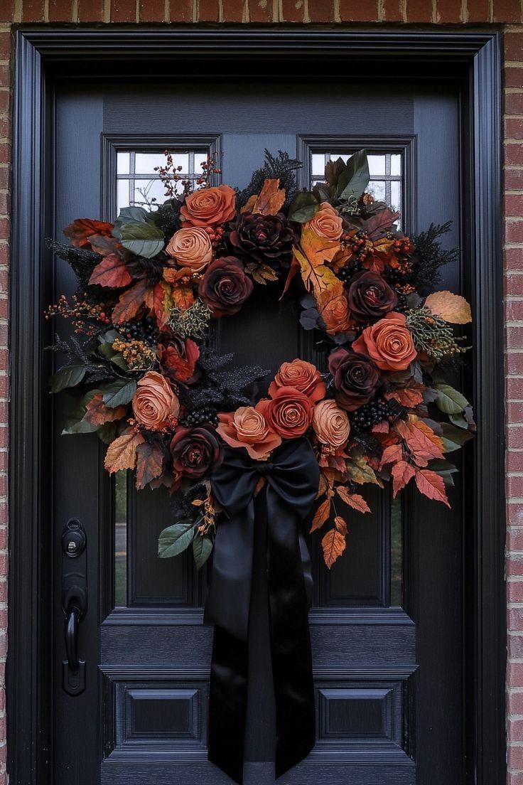 Dark autumn wreath of rust roses and black satin bow