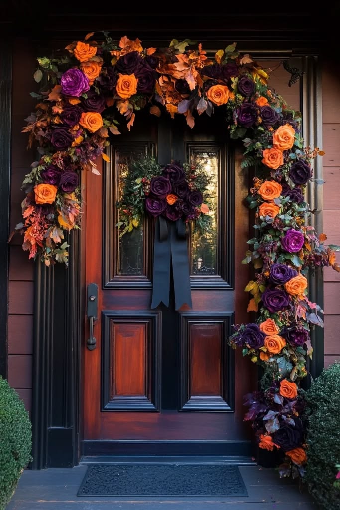 Halloween door arch with deep purple and orange roses
