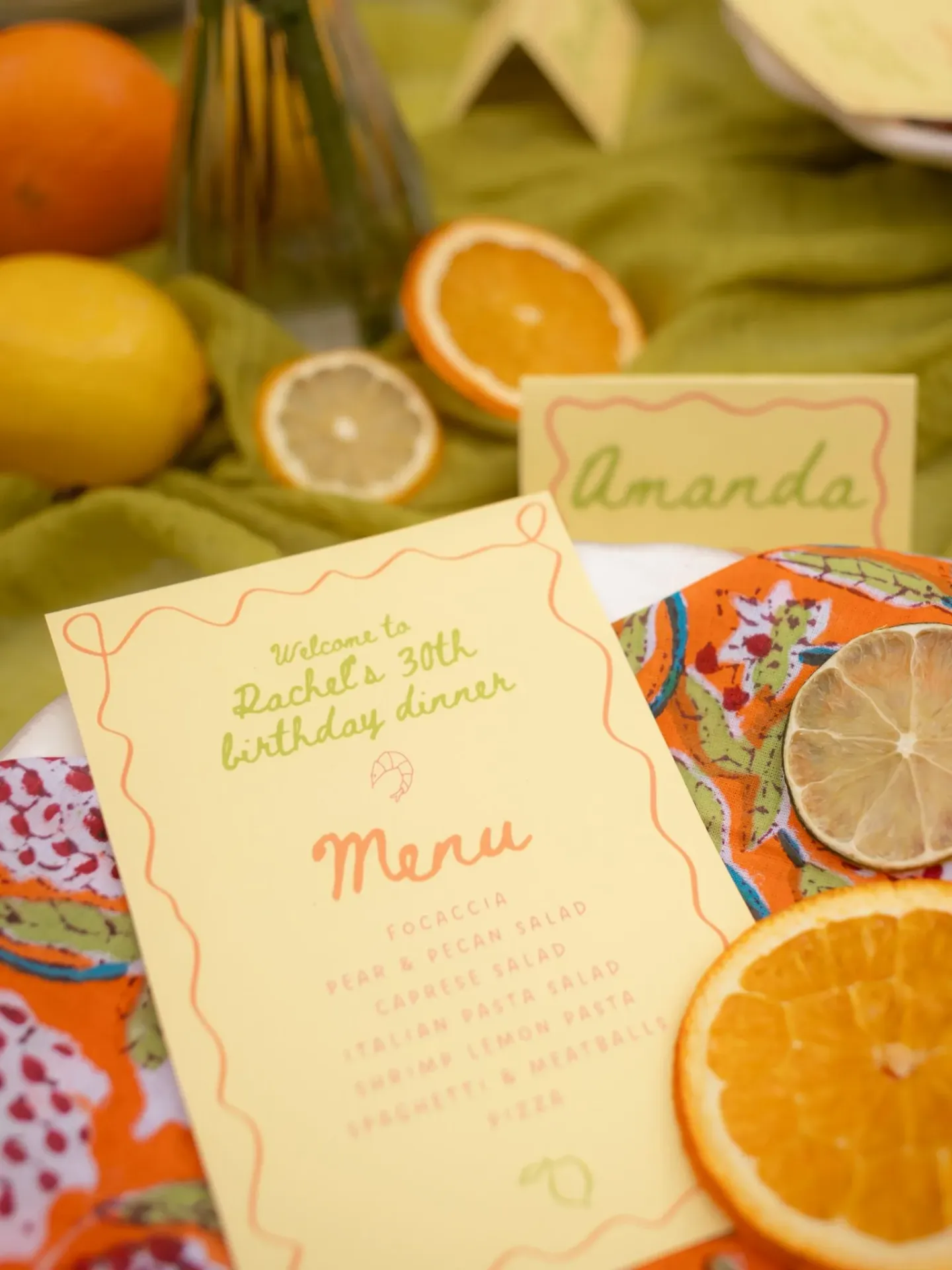 Hand-lettered menu card with citrus styling
