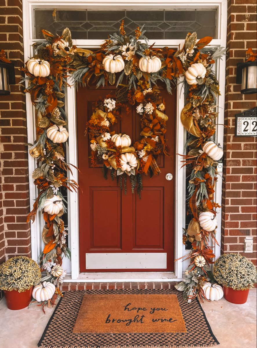 Autumn door garland with white pumpkins, rust ribbon and mums