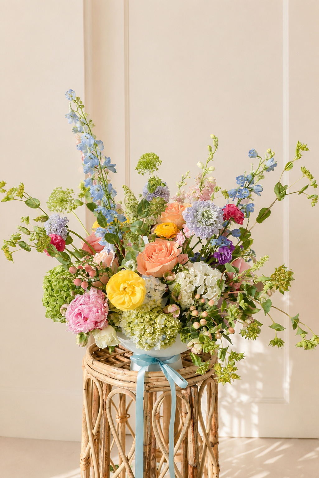Lush pastel garden bouquet on a rattan stand