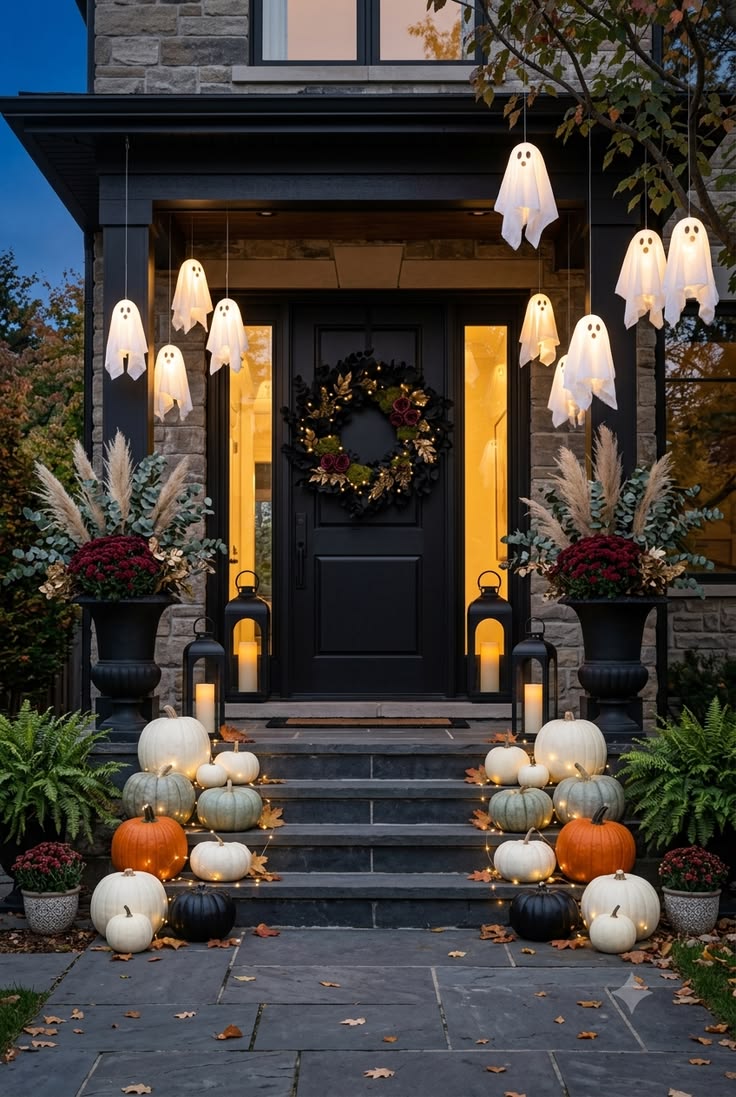 Evening porch with hanging ghost lanterns and lit pumpkins