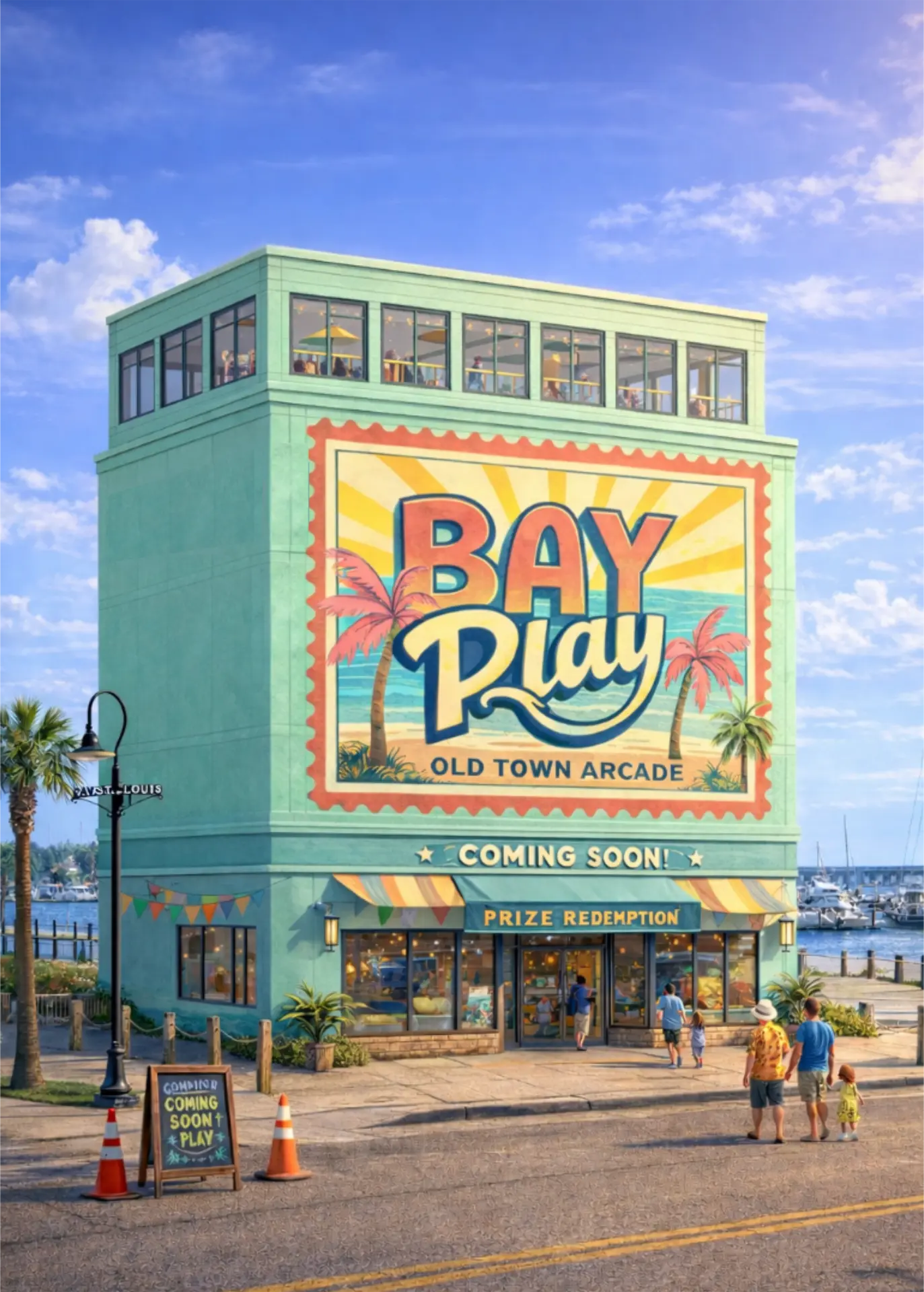Bay Play Old Town Arcade building rendering in Bay St. Louis