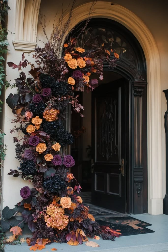 Moody fall doorway arch of black hydrangea, plum and amber roses