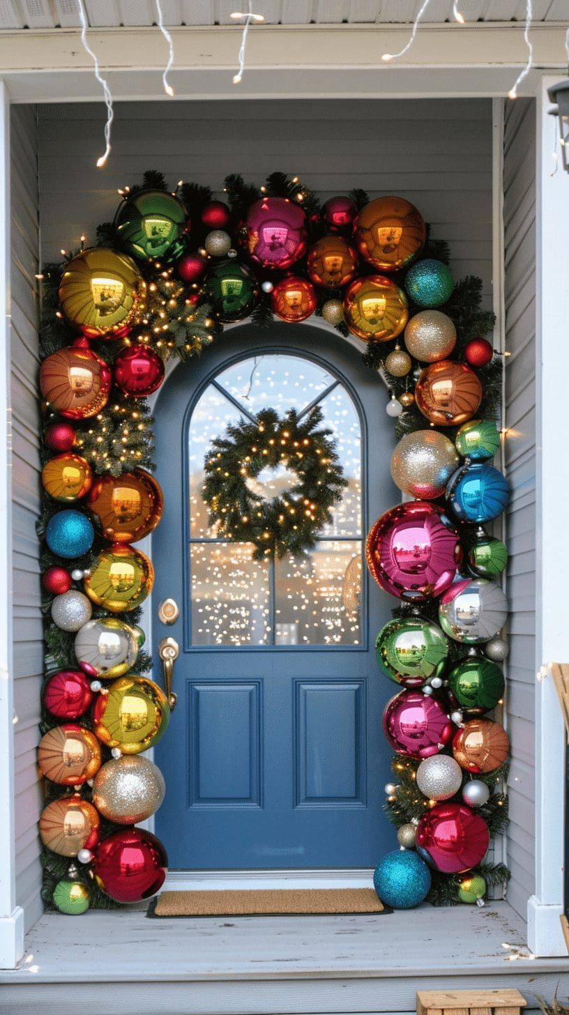 Double doors with cascading cedar swags and brass bells